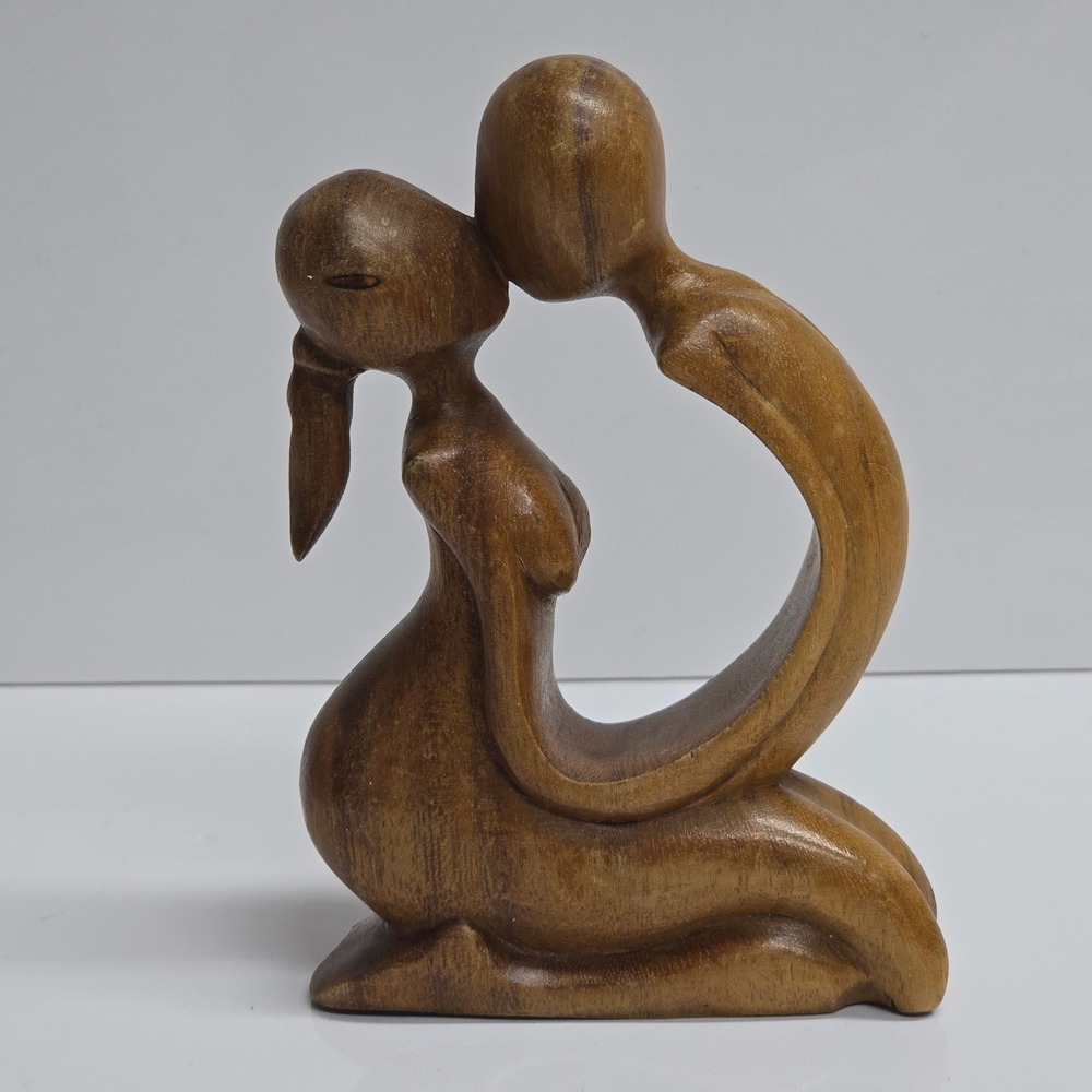 Abstract Kneeling Couple Kissing Wood Sculpture Brown Hand Carved MCM Decor